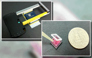 Image: The ePetri platform is built from Lego blocks and uses a smart phone as a light source. The imaging chip is seen in detail on the right (Photo courtesy of Guoan Zheng, Caltech).